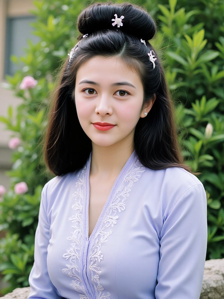 This is a high-resolution photograph of a young Asian woman in traditional Chinese attire,  captured outdoors with natural...