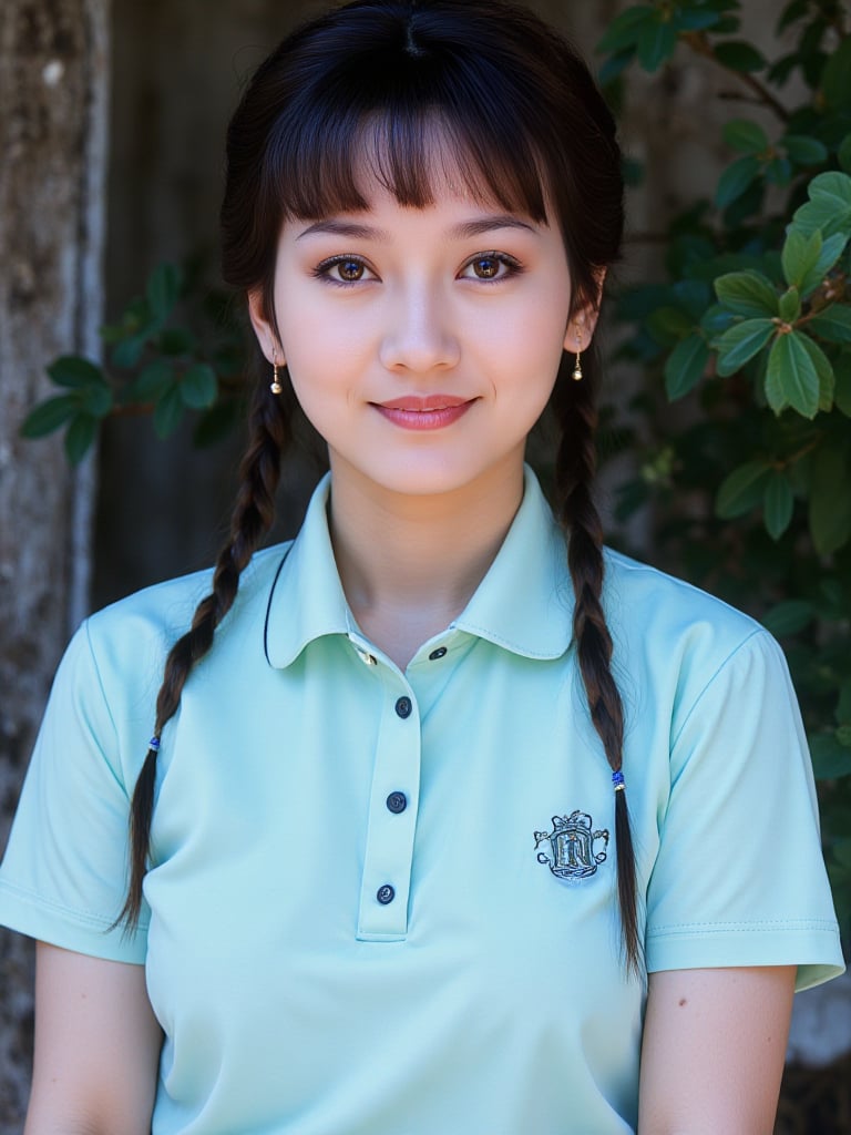 The image is a high-resolution photograph of an Asian woman with fair skin,  likely in her early twenties. She has long,...
