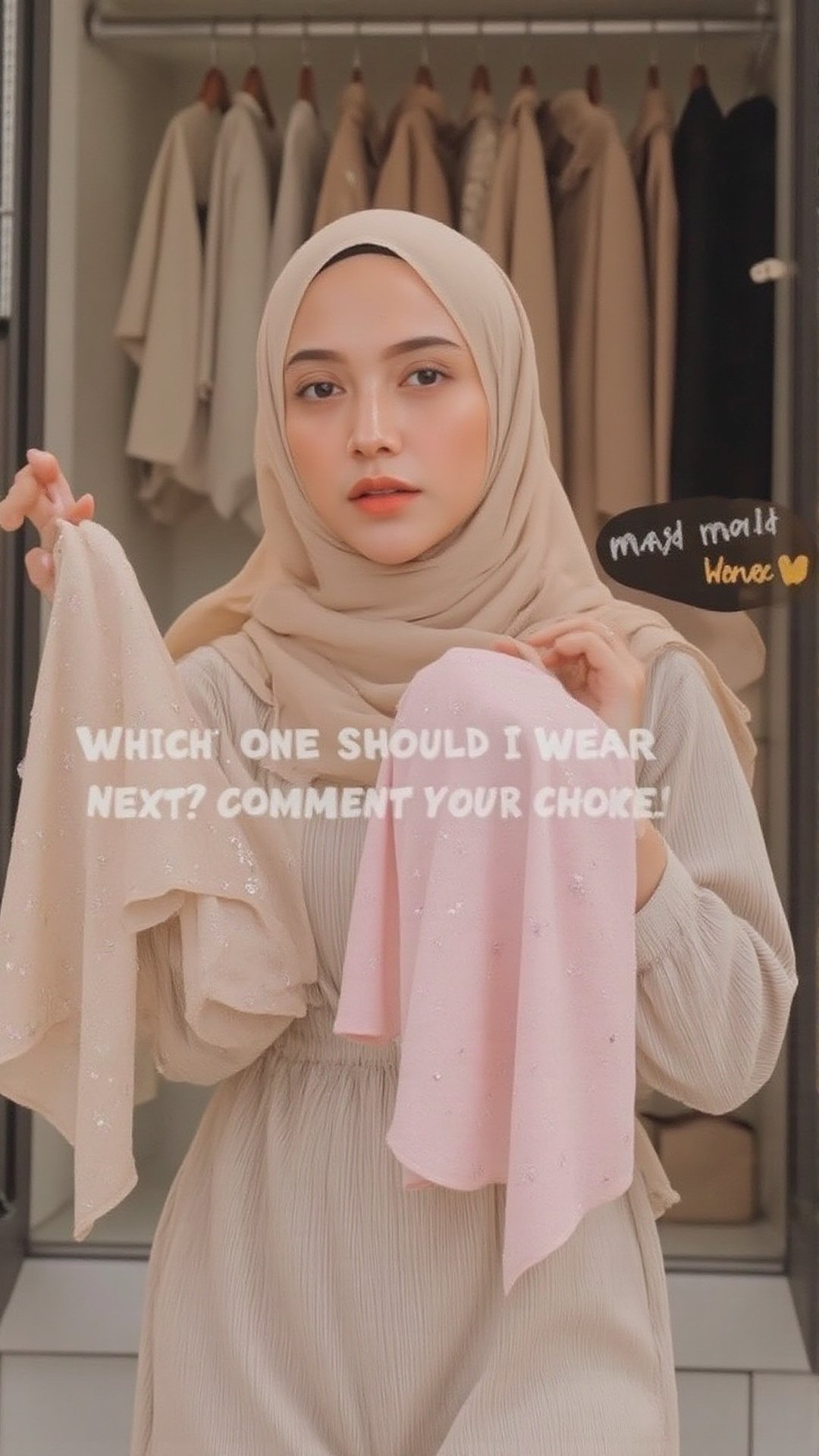 Asian woman wearing beige hijab stands in front of an open closet,  holding up two different outfits: a **beige hijab set...