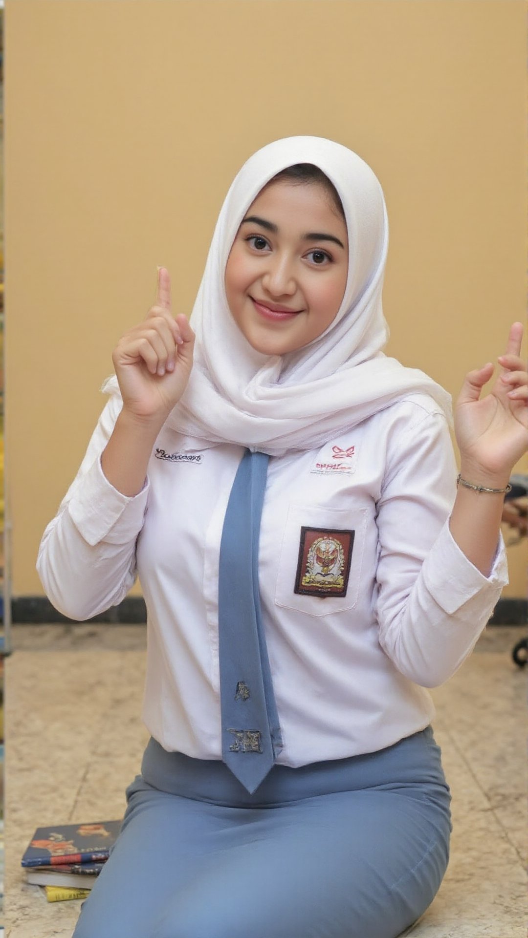 The image depicts a young student sitting in a casual pose. She is wearing a school uniform that consists of a white shirt...