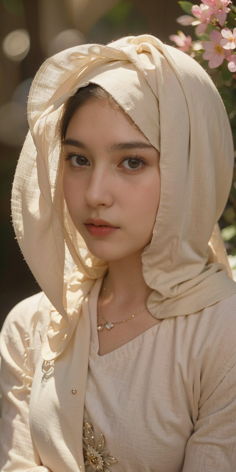 A soft focus close-up portrait of a young beauty adorned in elegant hijab attire,  surrounded by intricate outfit and acce...
