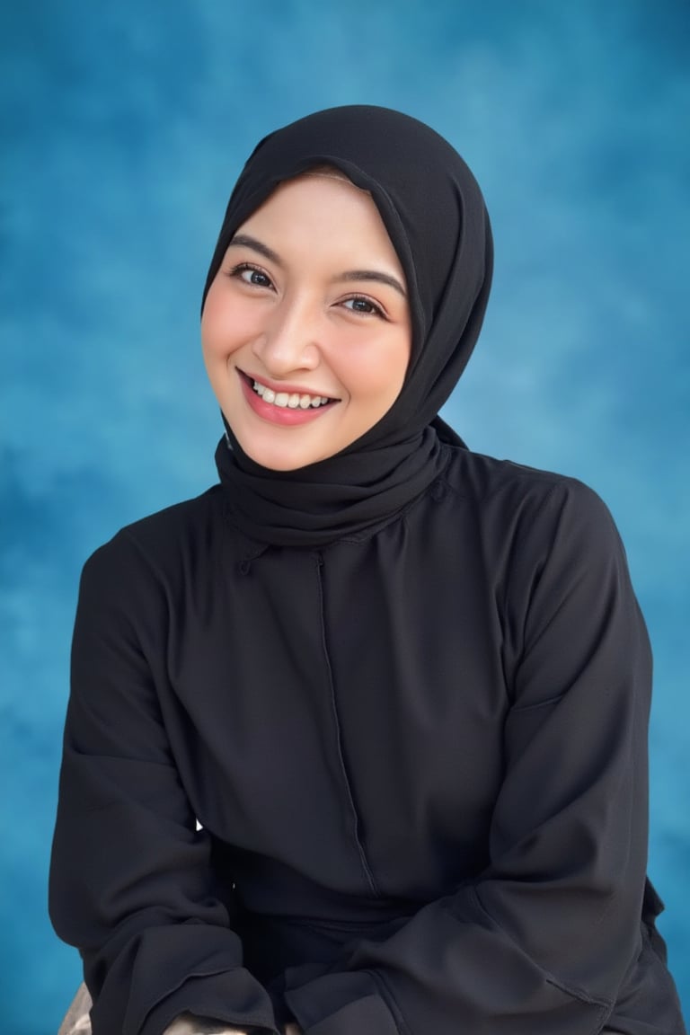 A photorealistic portrait of a beautiful young Indonesian woman,  smiling warmly at the camera. She has black hijab. Weari...
