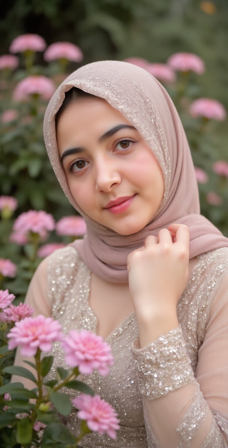 A soft focus close-up portrait of a young beauty adorned in elegant hijab attire,  surrounded by intricate outfit and acce...
