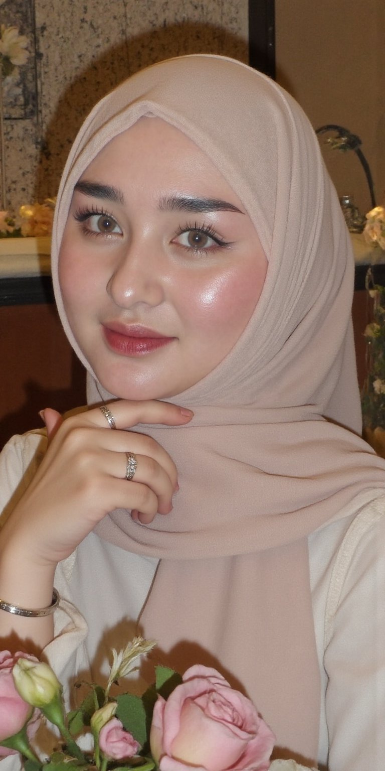 A soft focus close-up portrait of a young beauty adorned in elegant hijab attire,  surrounded by intricate outfit and acce...