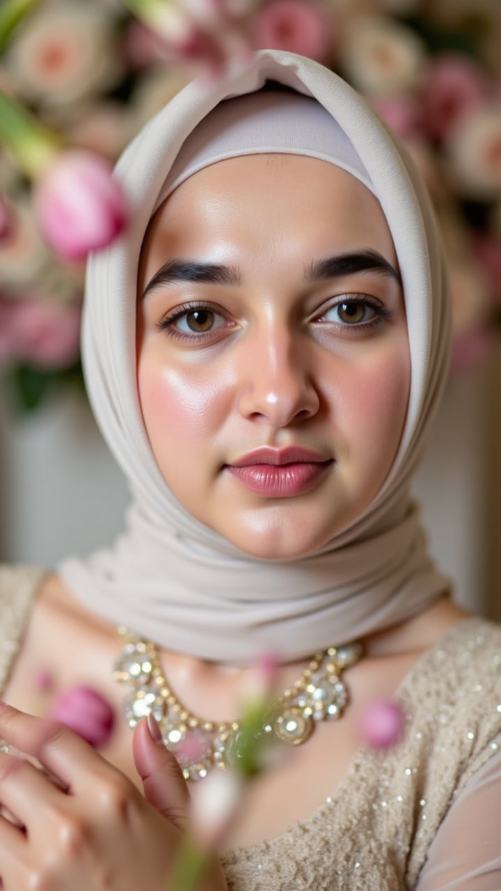 A soft focus close-up portrait of a young beauty adorned in elegant hijab attire,  surrounded by intricate outfit and acce...