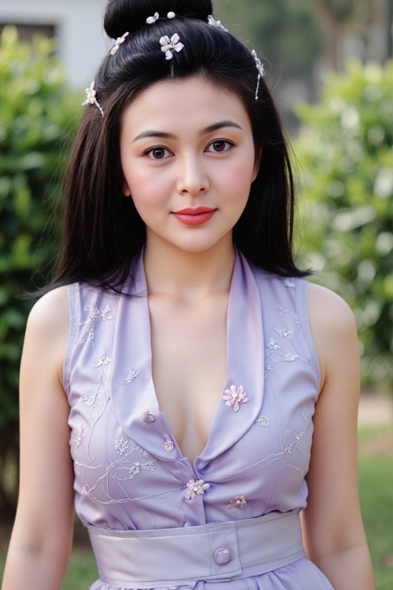 This is a high-resolution photograph of a young Asian woman in traditional Chinese attire,  captured outdoors with natural...