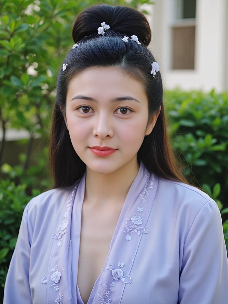 This is a high-resolution photograph of a young Asian woman in traditional Chinese attire,  captured outdoors with natural...