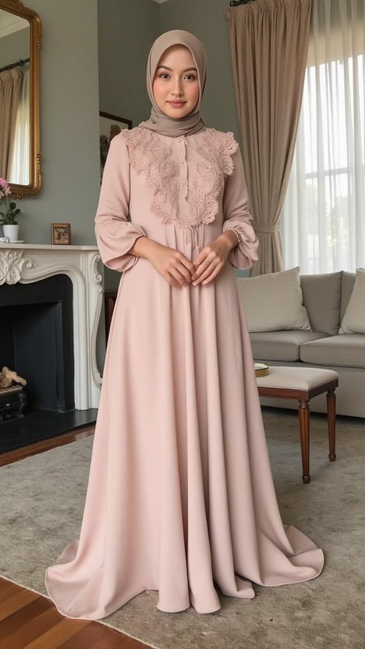A hijabi woman with a graceful expression stands in a classic-style room. She wears a pastel-colored gown with beautiful l...