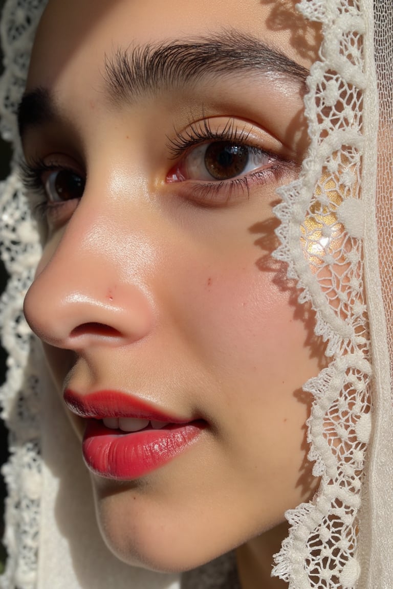 A mesmerizing extreme close-up of one side of a beautiful face,  the most beautiful girl in the world. Her piercing black...
