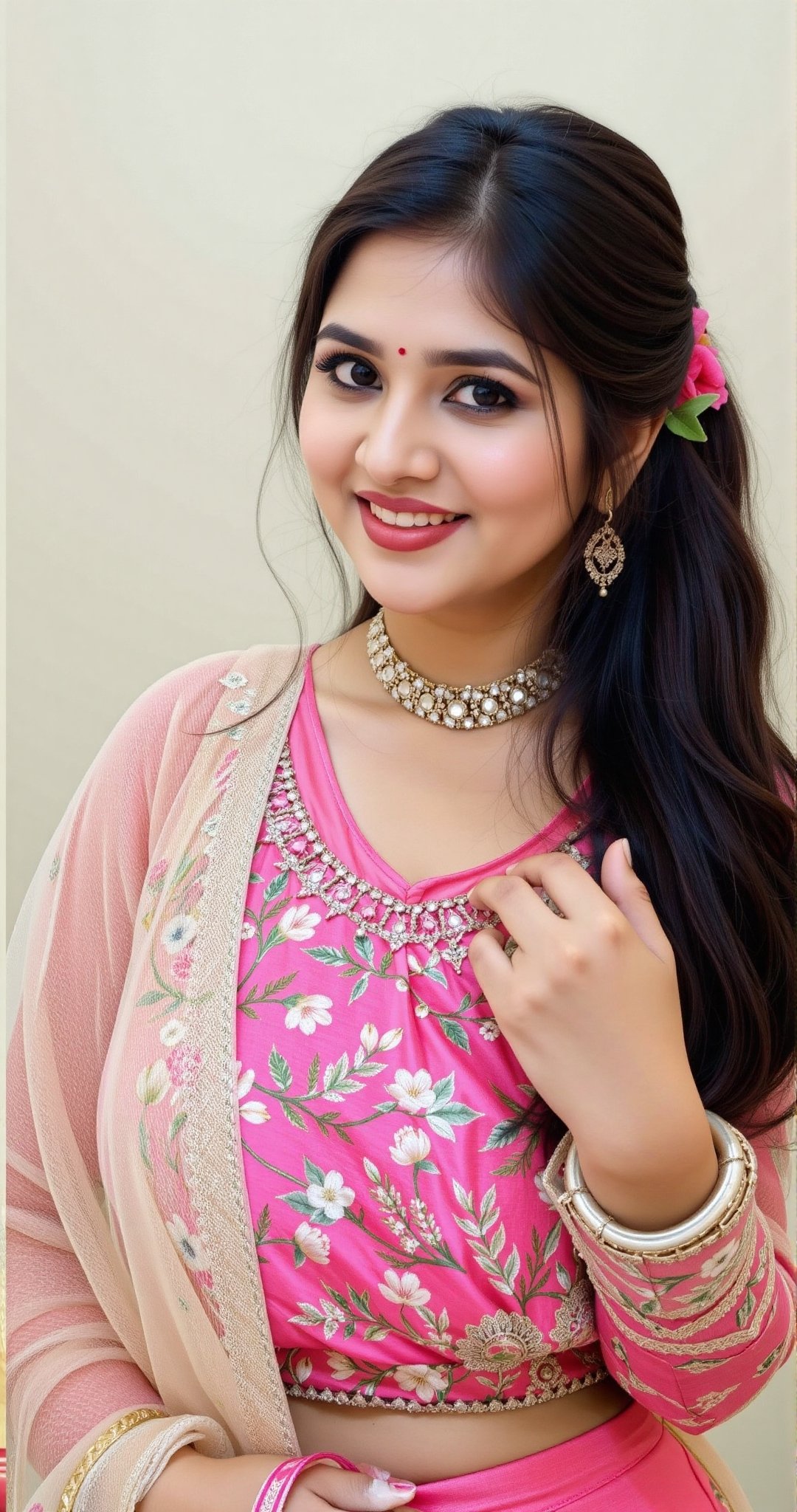 The image features a woman dressed in a beautiful traditional outfit. She is wearing a pink blouse adorned with floral pat...