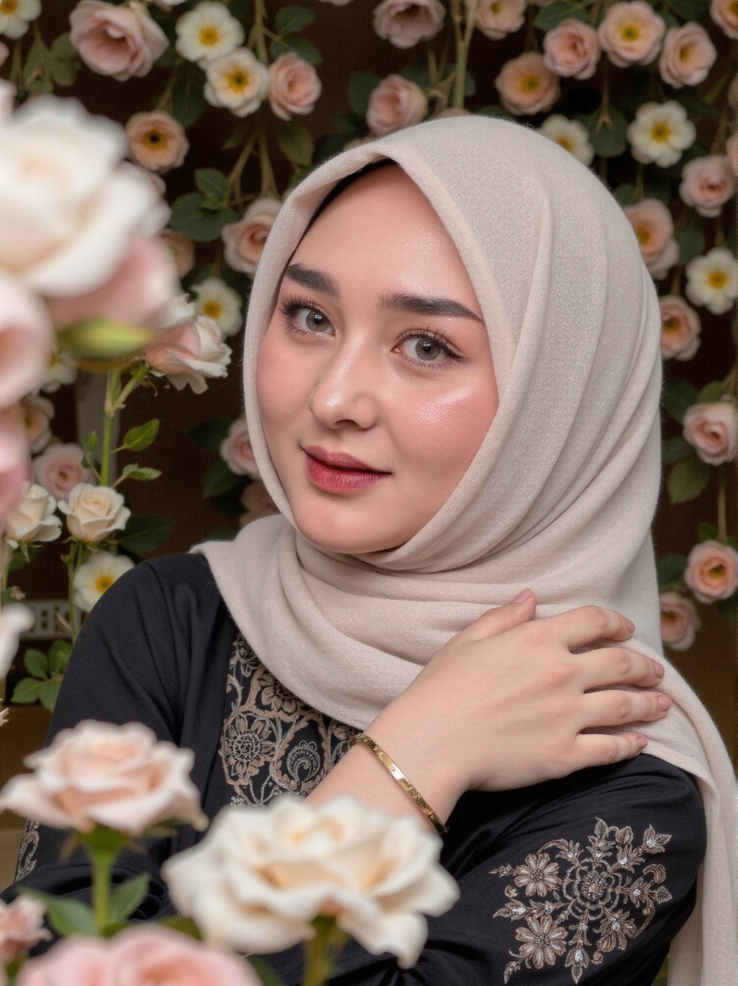 A soft focus close-up portrait of a young beauty adorned in elegant hijab attire,  surrounded by intricate outfit and acce...