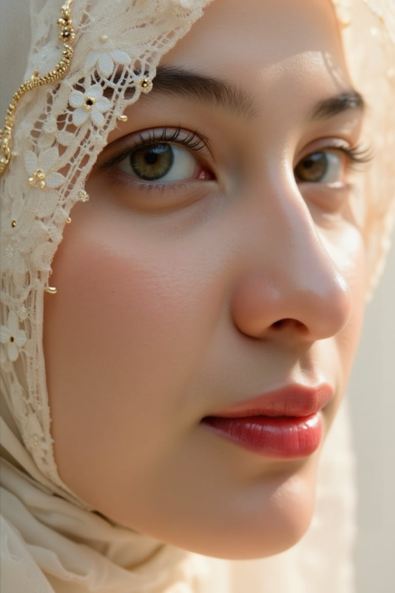 A mesmerizing extreme close-up of one side of a beautiful face,  the most beautiful girl in the world. Her piercing black...