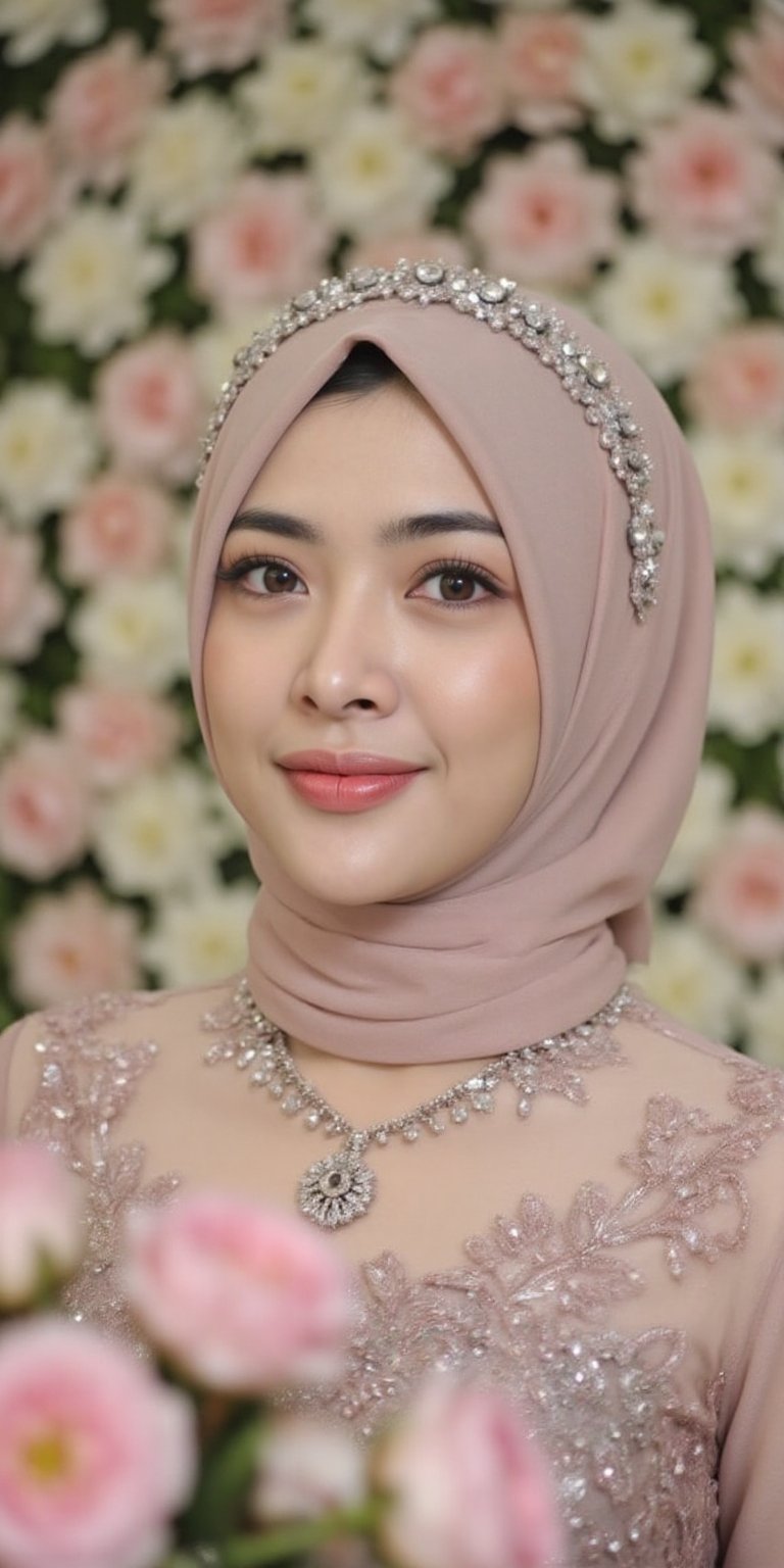 A soft focus close-up portrait of a young beauty adorned in elegant hijab attire,  surrounded by intricate outfit and acce...