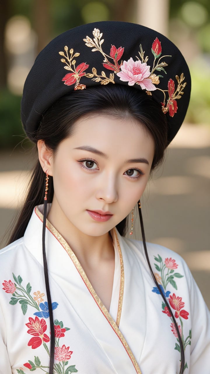 This is a photograph capturing a close-up portrait of a young Asian woman dressed in traditional Chinese attire,  likely f...