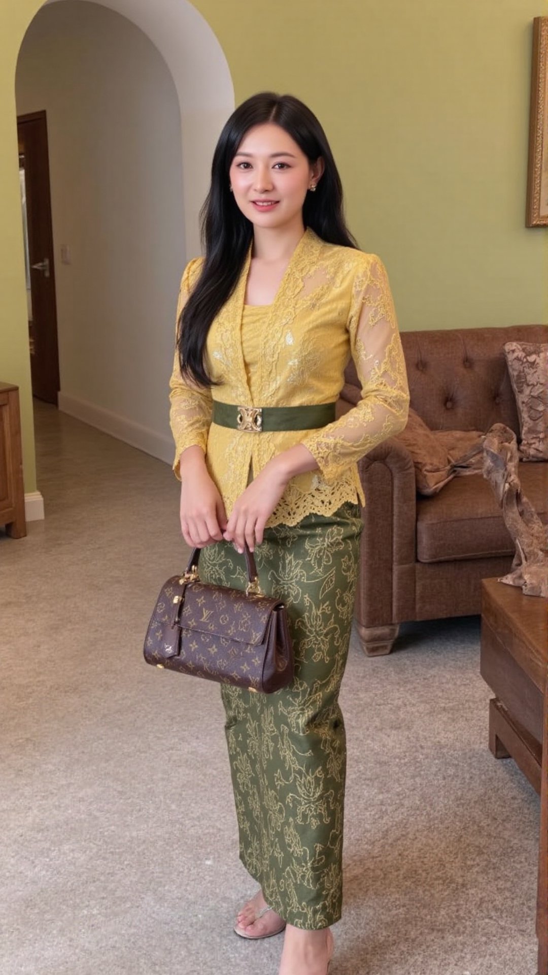 skinny korean woman stands confidently against the warm beige walls of a cozy living room,  dressed in a striking lace yel...