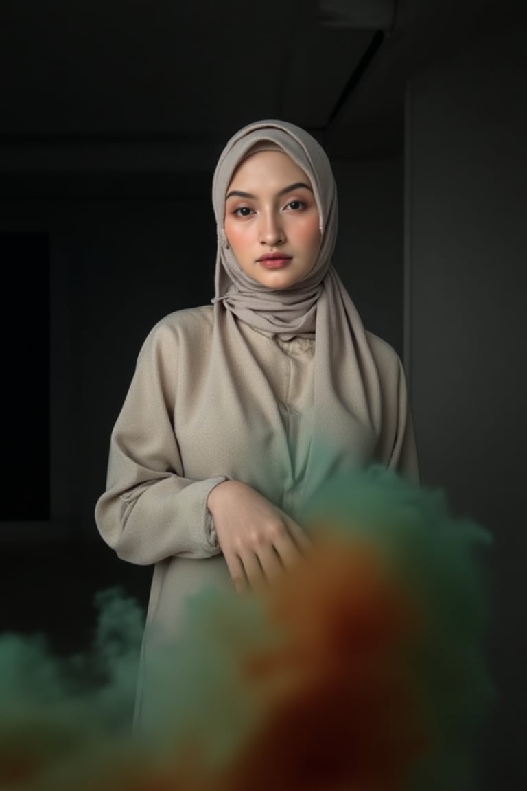 This image is an evocative,  high-definition close up portrait of a beautiful young hijab-wearing model captured in a low-...