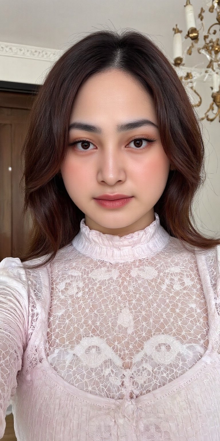 A young woman in a turtleneck dress with lace pattern stands in a photo studio. The shot is framed close-up,  focusing on...