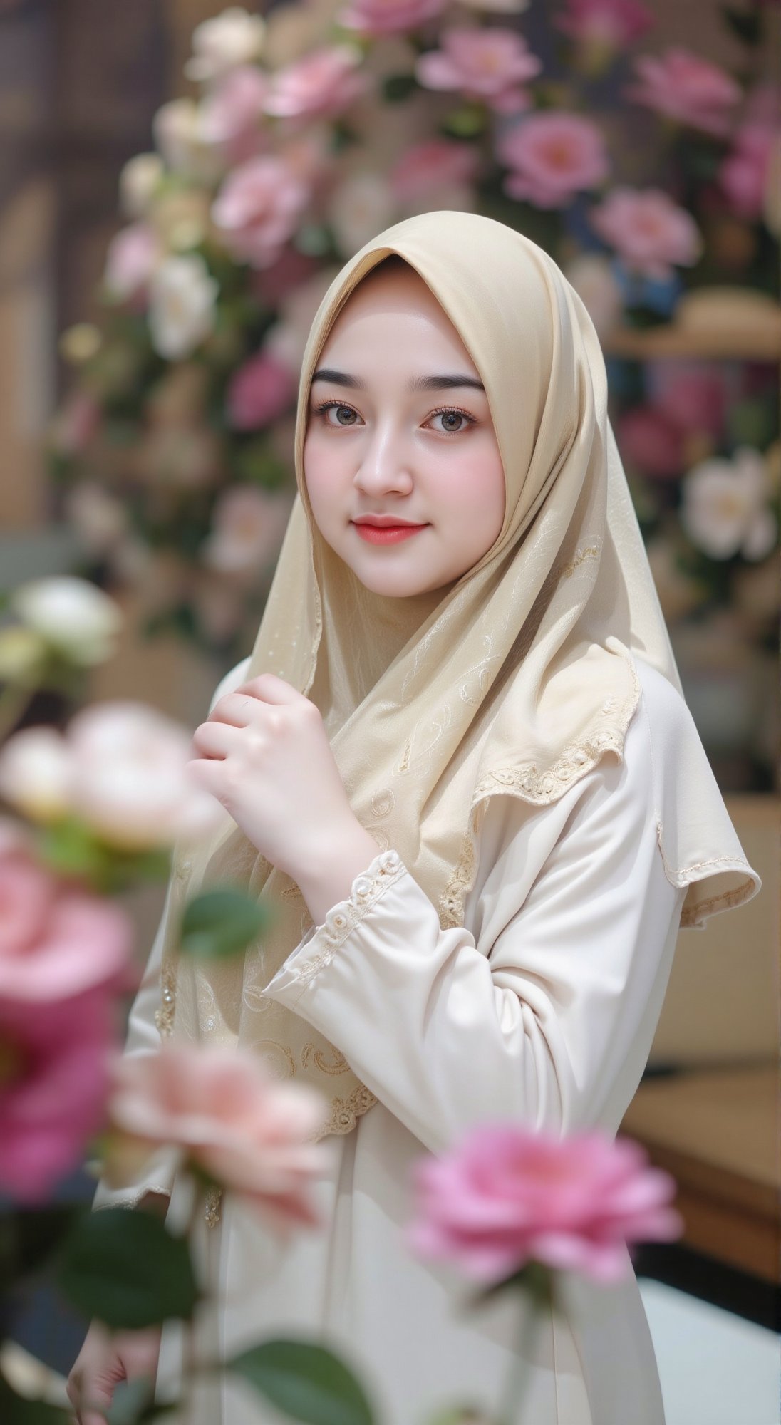 soft focus young beauty portrait,  white elegance hijab outfits,  elegance soft pose by user_857552706246551326 on Tensor.Art