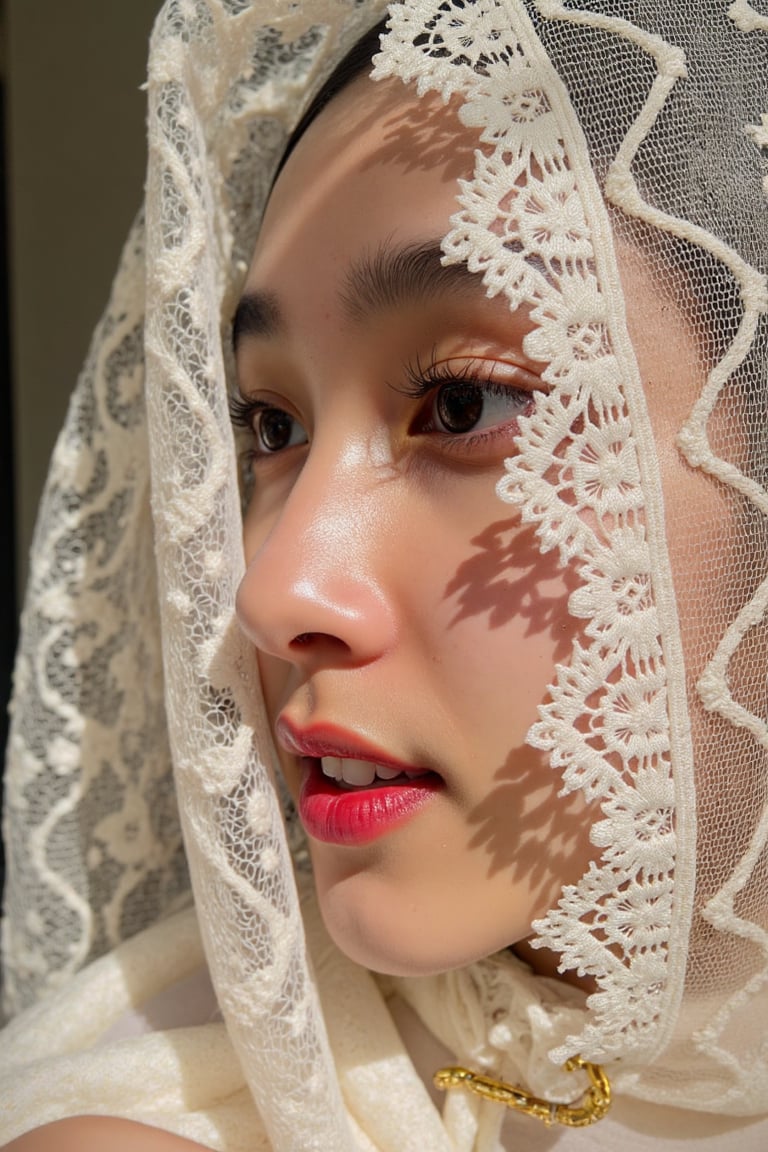 A mesmerizing extreme close-up of one side of a beautiful face,  the most beautiful girl in the world. Her piercing black...