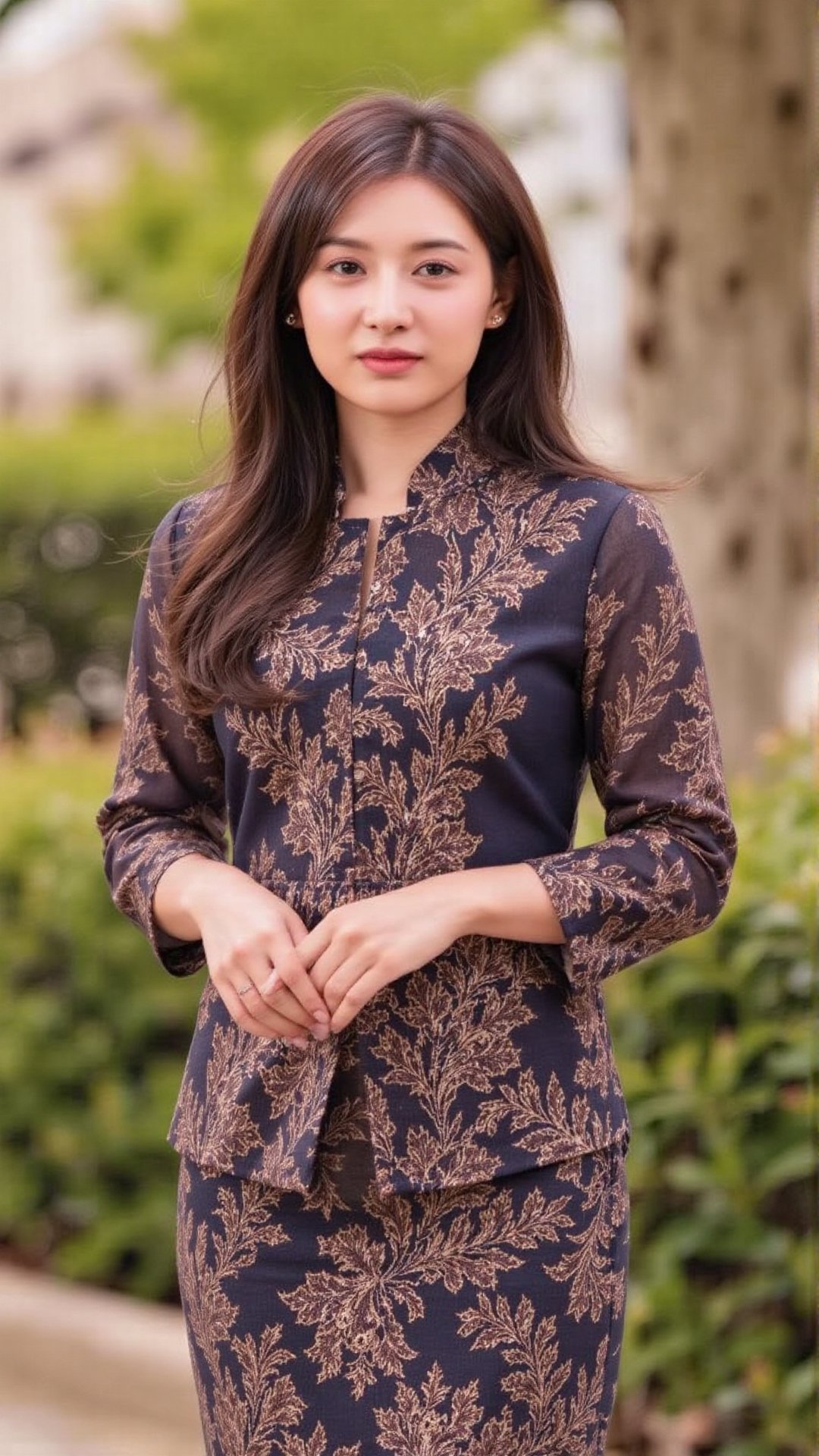 a young asian woman with brown long hair wearing navy brown kebaya. by user_857552706246551326 on Tensor.Art