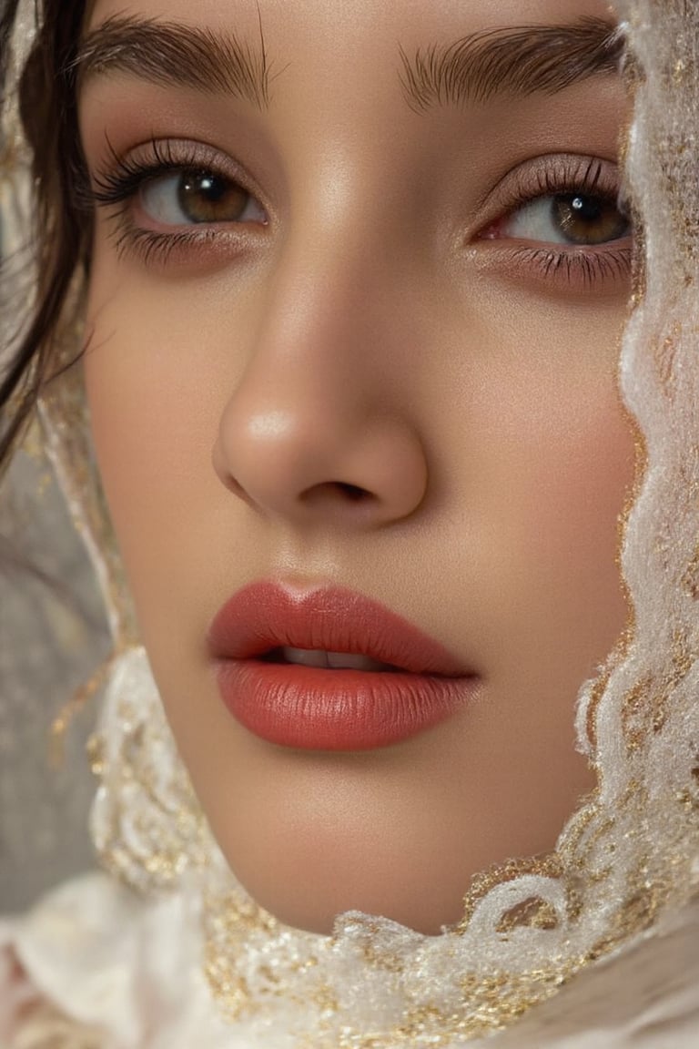A mesmerizing extreme close-up of one side of a beautiful face,  the most beautiful girl in the world. Her piercing black...
