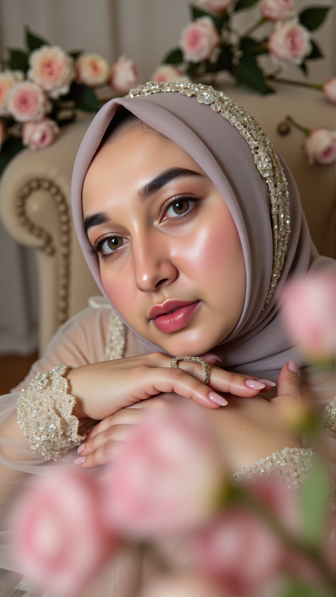 A soft focus close-up portrait of a young beauty adorned in elegant hijab attire,  surrounded by intricate outfit and acce...