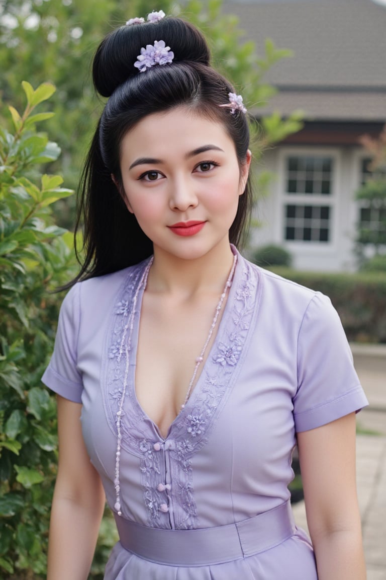 This is a high-resolution photograph of a young Asian woman in traditional Chinese attire,  captured outdoors with natural...