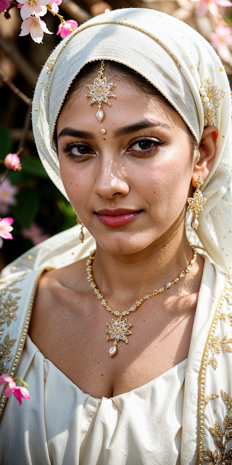 A soft focus close-up portrait of a young beauty adorned in elegant hijab attire,  surrounded by intricate outfit and acce...