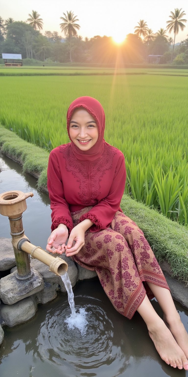 A beautiful Southeast Asian Muslim woman sitting gracefully at the edge of a small irrigation canal in a lush green rice f...