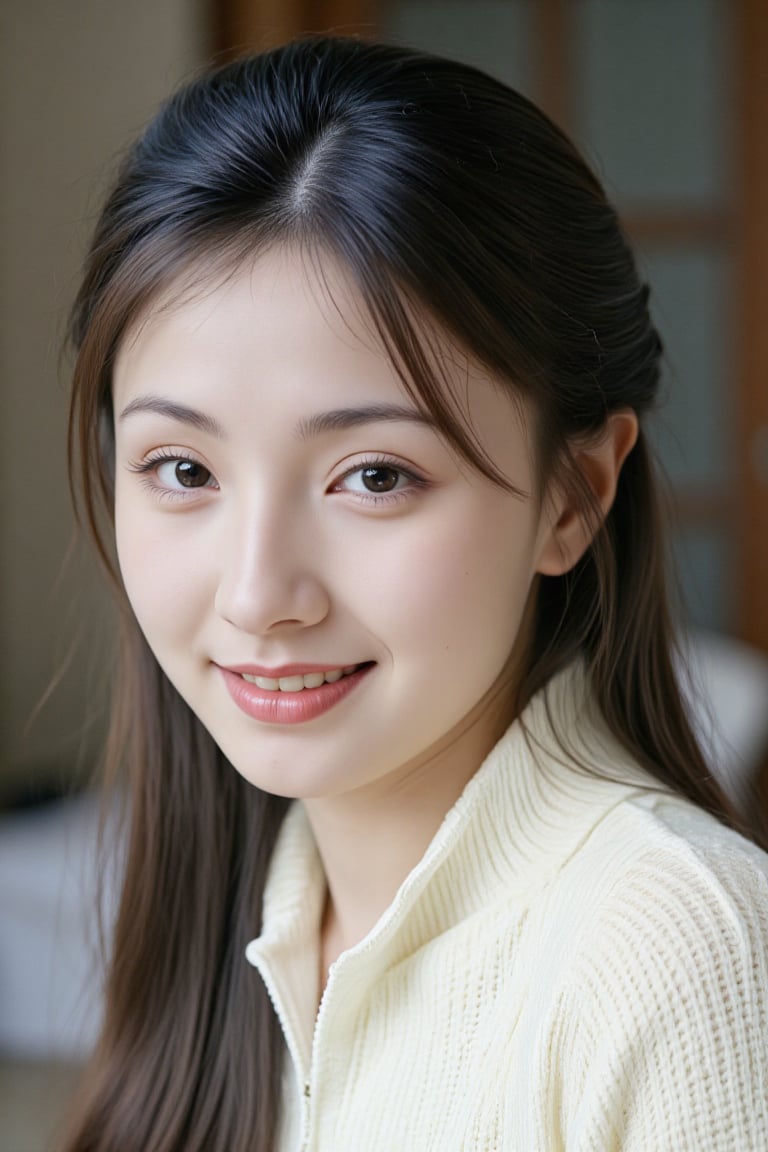 This photograph captures a close-up of a young woman with long,  dark hair tied back,  smiling warmly. She is wearing a wh...