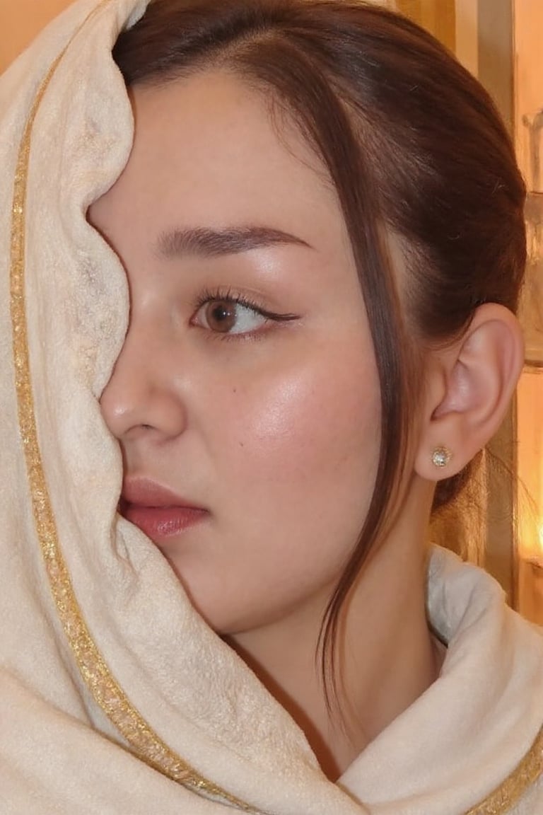 A mesmerizing extreme close-up of one side of a beautiful face,  the most beautiful girl in the world. Her piercing black...