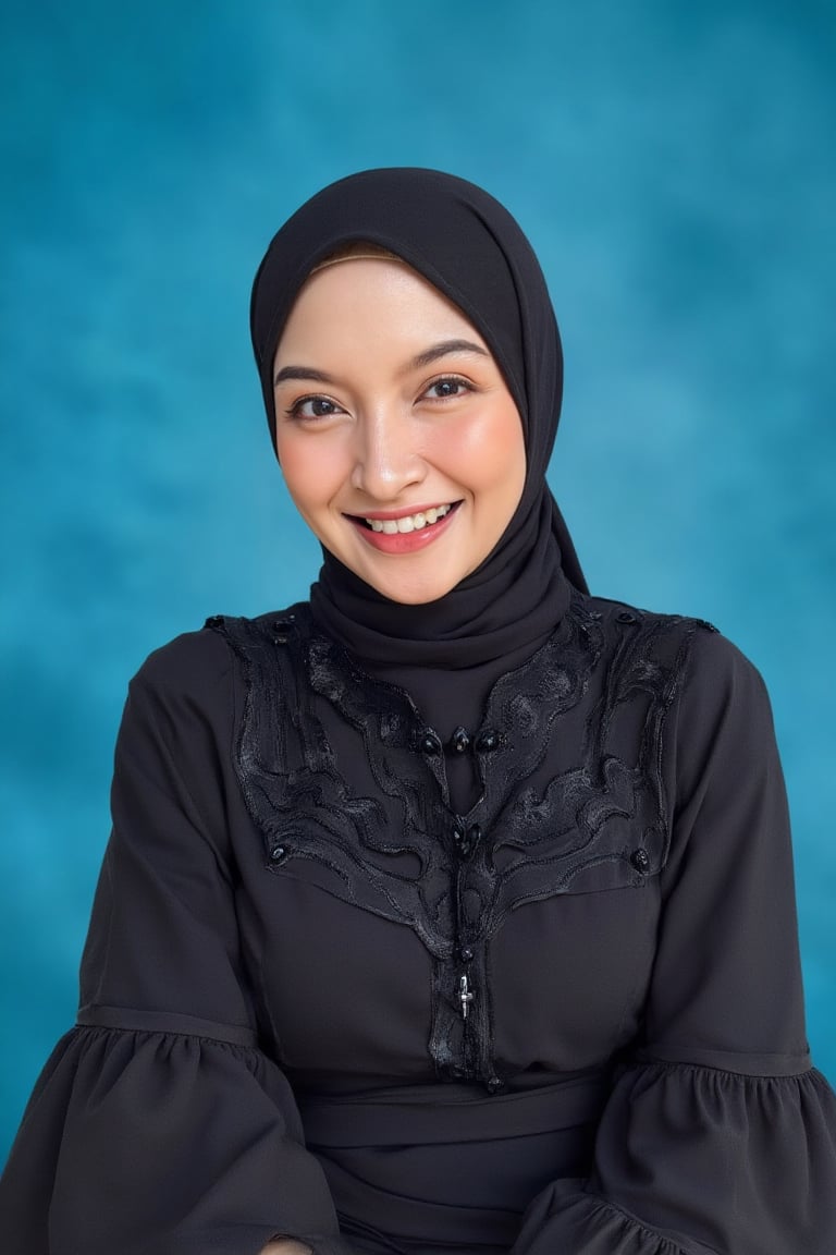A photorealistic portrait of a beautiful young Indonesian woman,  smiling warmly at the camera. She has black hijab. Weari...