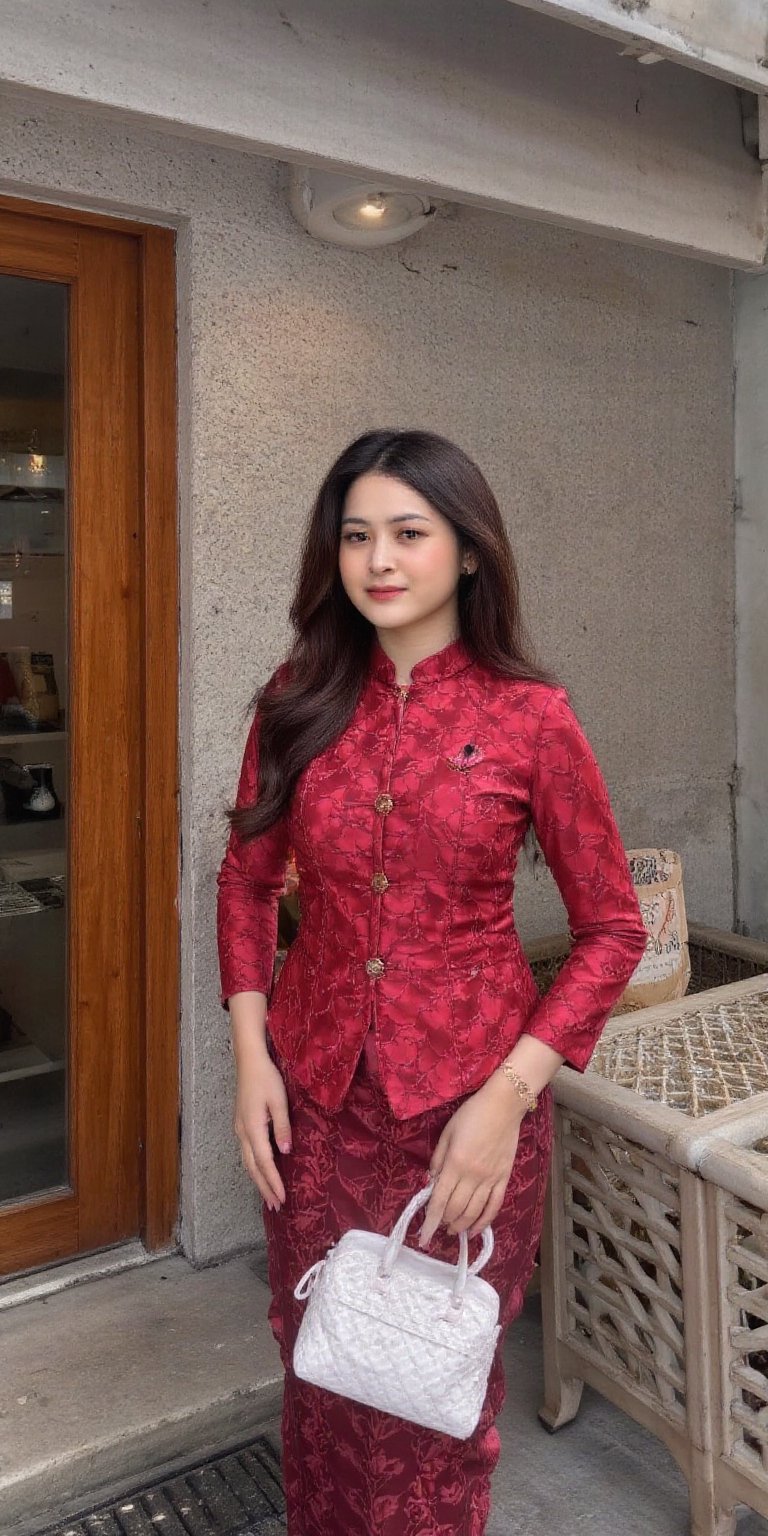 a young asian woman with brown long hair wearing red kebaya,  d4r4,  kebaya by user_857552706246551326 on Tensor.Art
