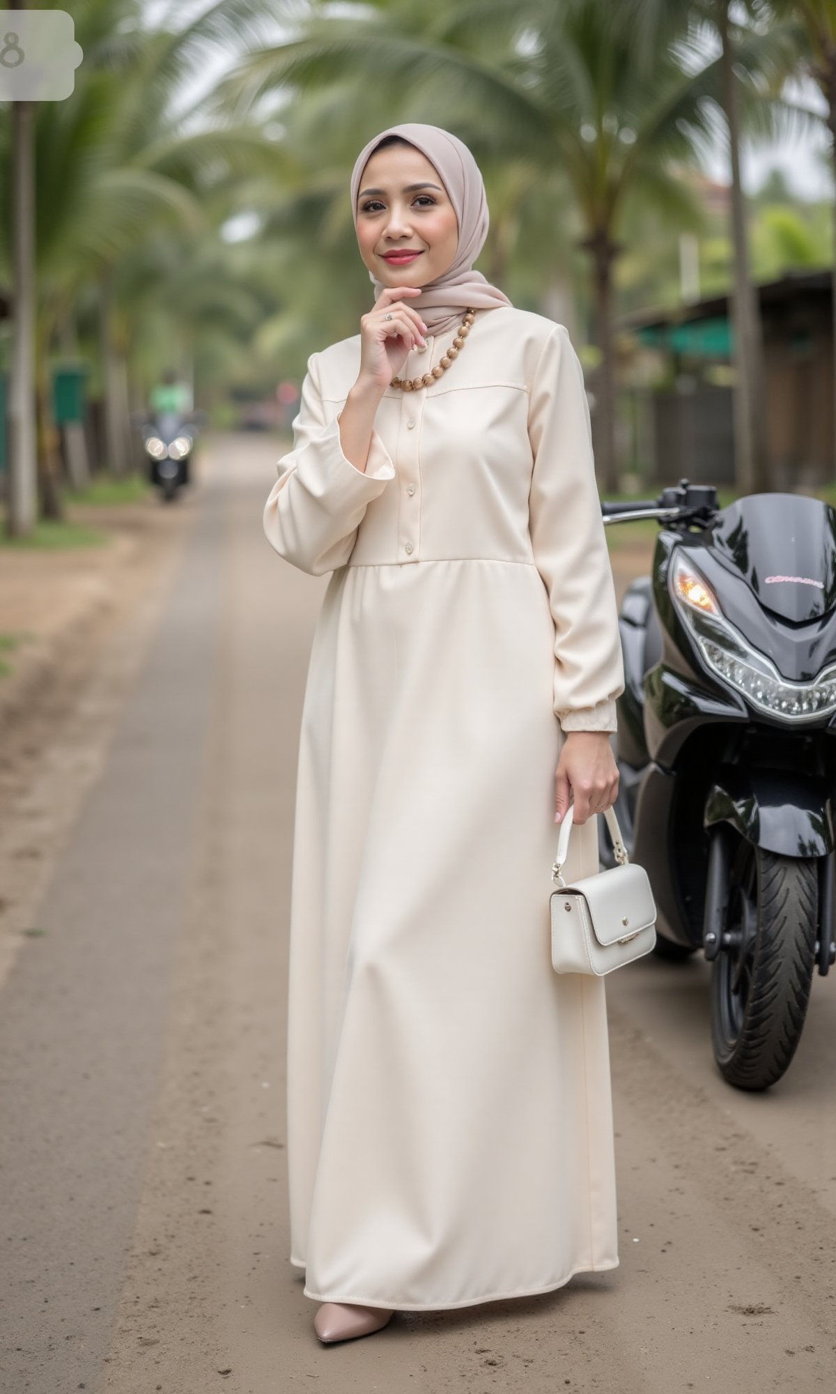 a woman Place one hand on the chin in a thoughtful pose while standing. a BlackProMotorcyclePCX is behind him,  wearing a...