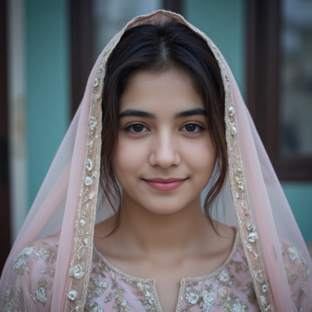 A Pakistani girl smiling gently,  face close-up in a pastel salwar kameez with dupatta over her head,  DSLR capture by use...
