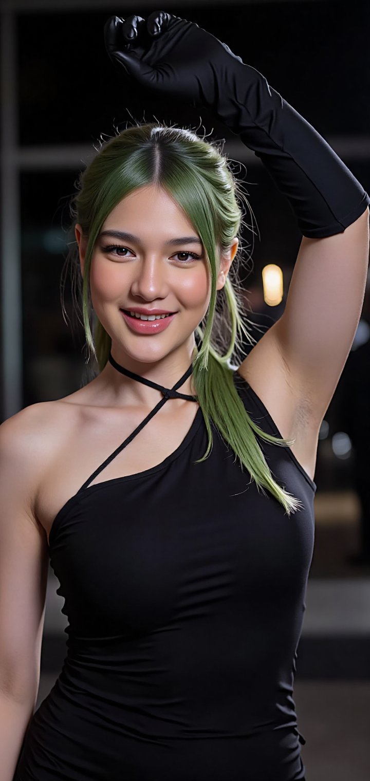 Women have long green hair that is shiny,  tied up in a high pigtail style,  with a few strands of hair down to the side b...