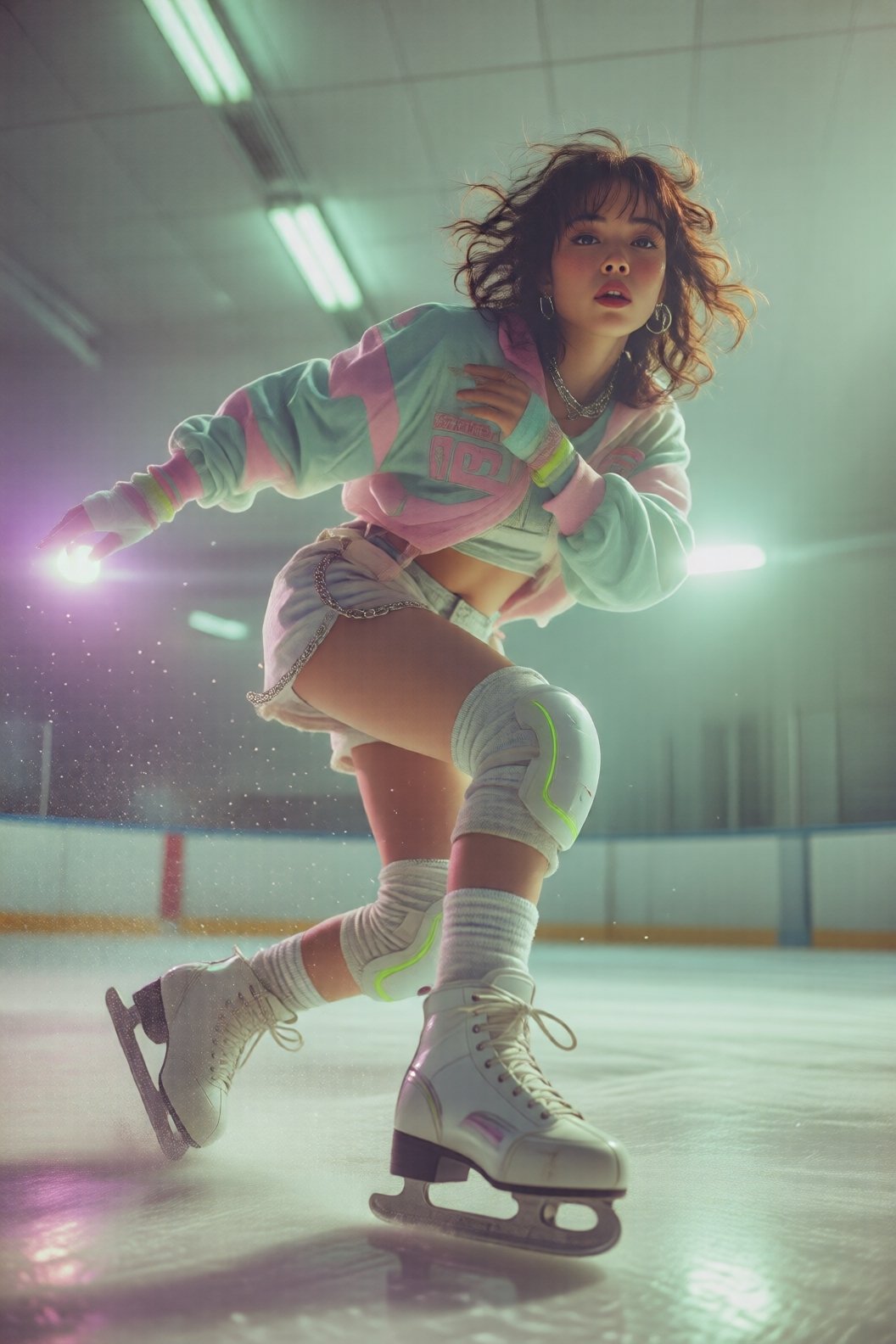 Low-angle stylized 1980s Japanese photo of a young woman ice skating,  captured mid-motion in a confident,  dynamic pose b...