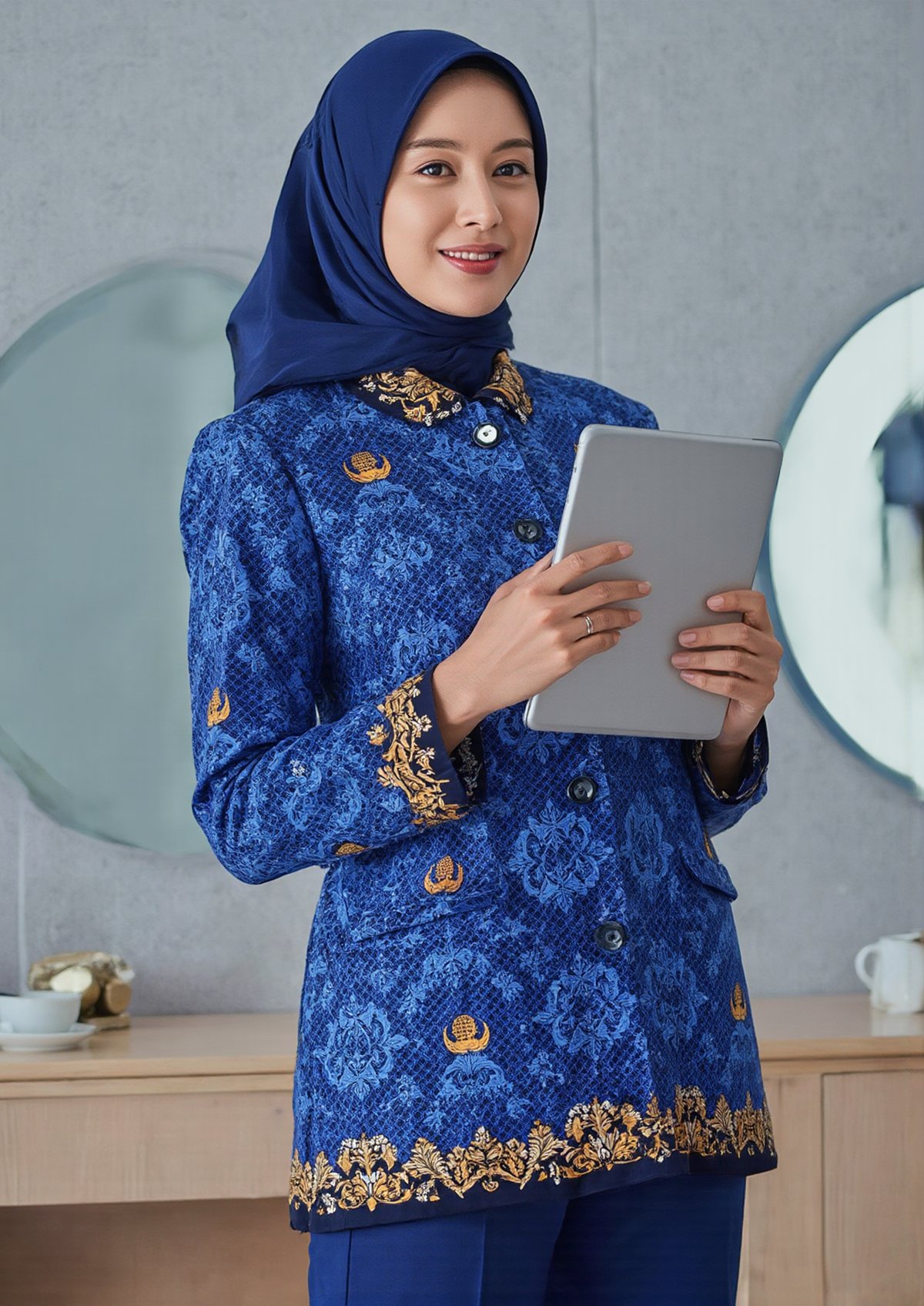 A woman wearing a vibrant royal blue batik-style long-sleeve jacket with gold embellishments. The jacket features a repeat...