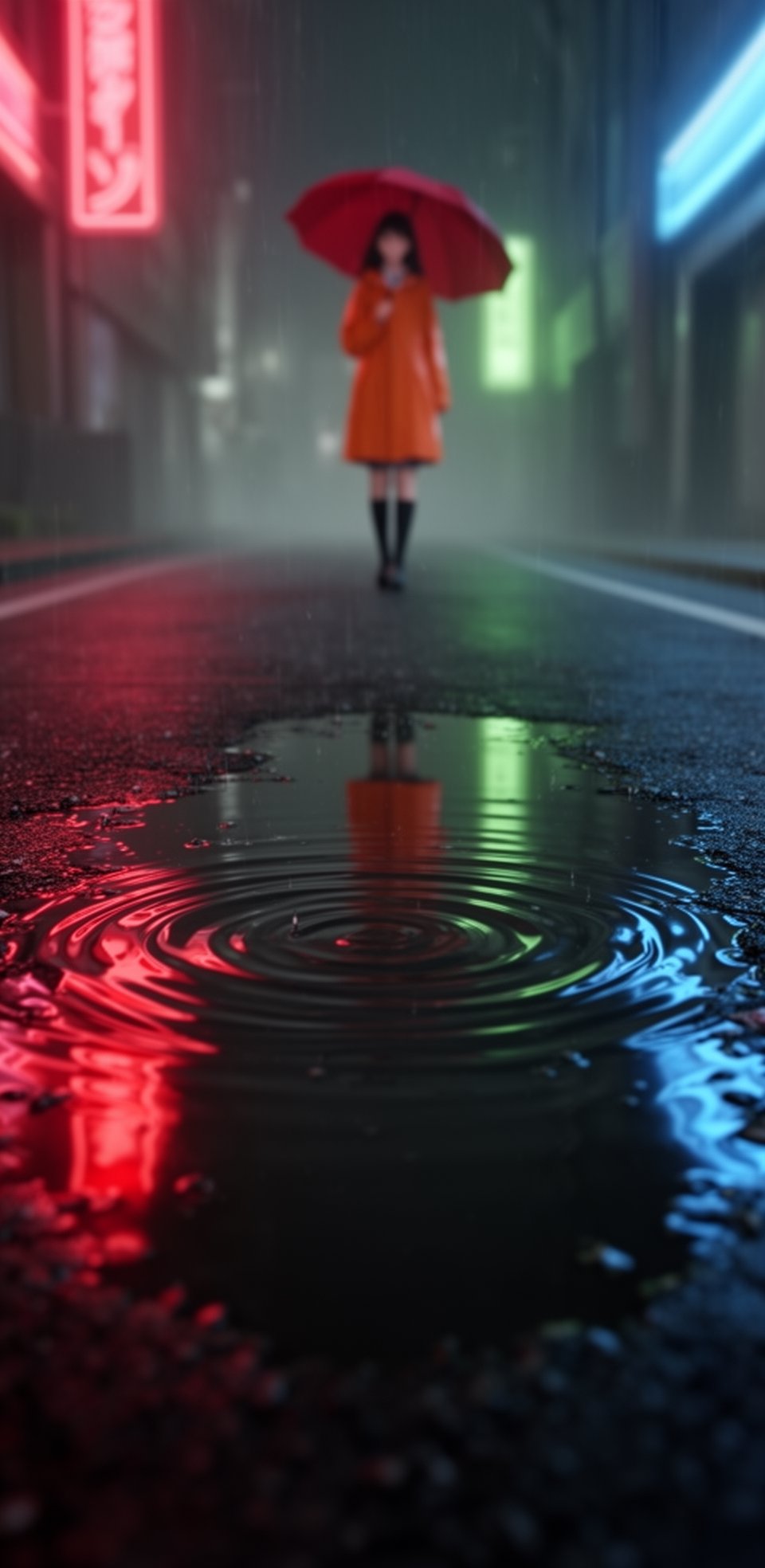 A hyper-cinematic anime-style close-up shot of a still water puddle on the roadside at night,  shot from a low ground-leve...