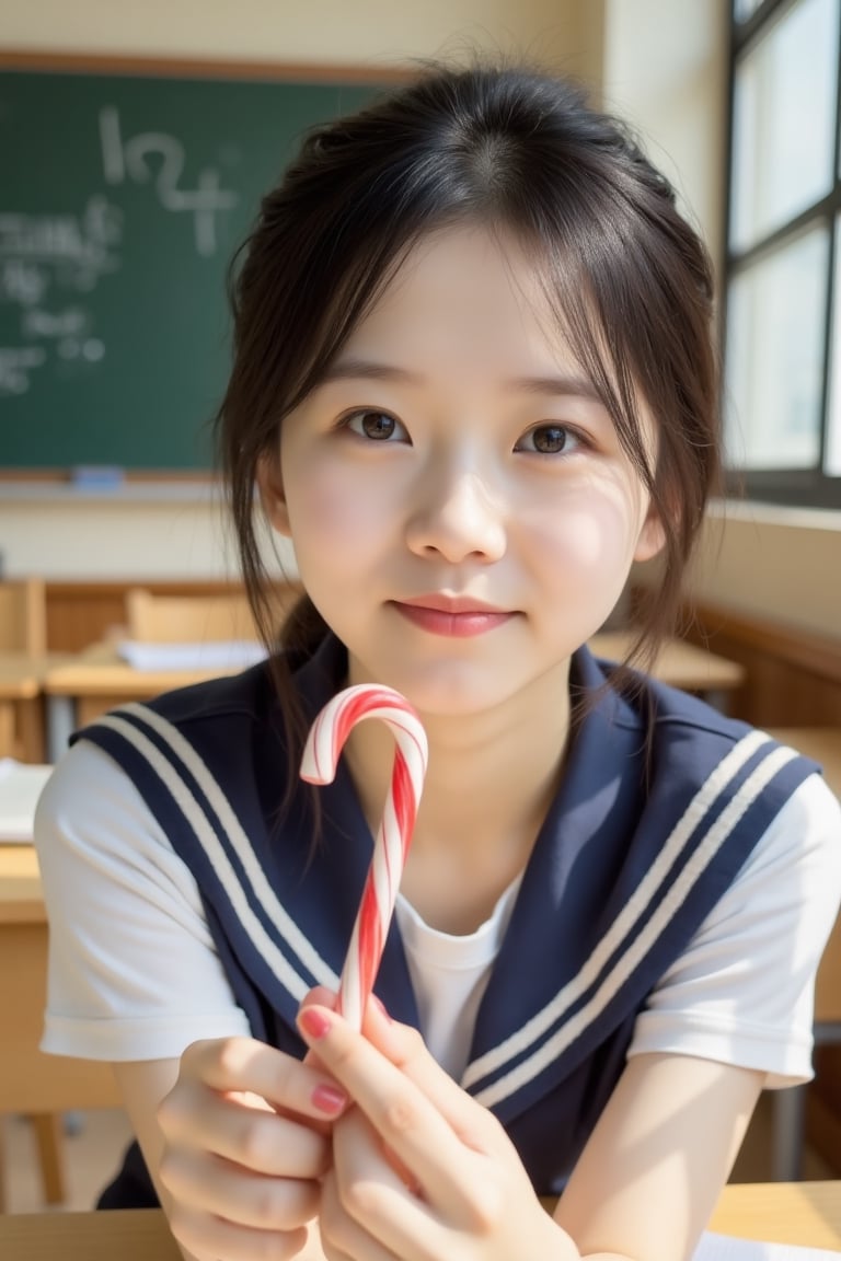 A lively close-up of an Asian schoolgirl inside a sunlit classroom,  holding a candy cane with a bright,  cheerful express...