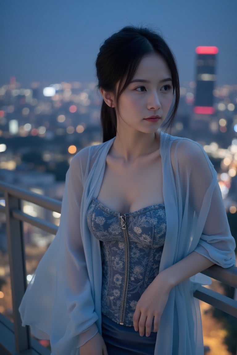 An Indonesian Girl leans lightly on the rail of an open-air skybridge under the stars,  her sheer Kebaya wrap in icy blue...