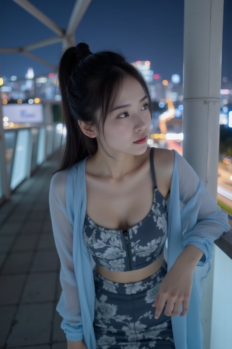 An Indonesian Girl leans lightly on the rail of an open-air skybridge under the stars,  her sheer Kebaya wrap in icy blue...