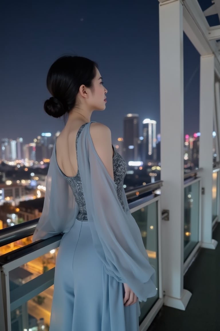An Indonesian Girl leans lightly on the rail of an open-air skybridge under the stars,  her sheer Kebaya wrap in icy blue...