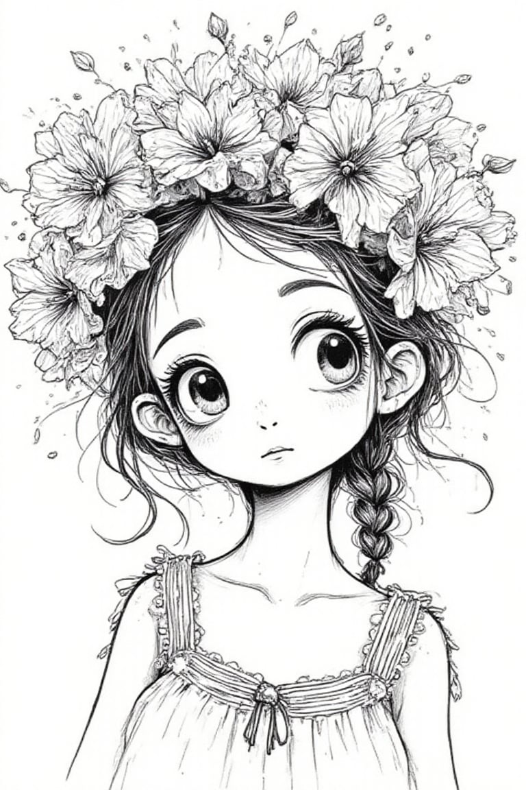 A delicate doodle-style illustration of a young girl with large expressive eyes and soft features,  her hair braided with...