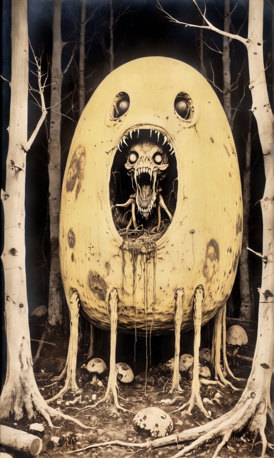 A horrifying mutated humanoid creature,  once human but now heavily corrupted by parasitic fungi,  grotesque and disturbin...