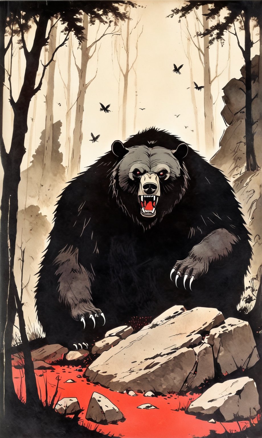 dark fantasy,  old gloomy forest,  around a forest clearing. In the middle of the clearing stands a large stone boulder wi...