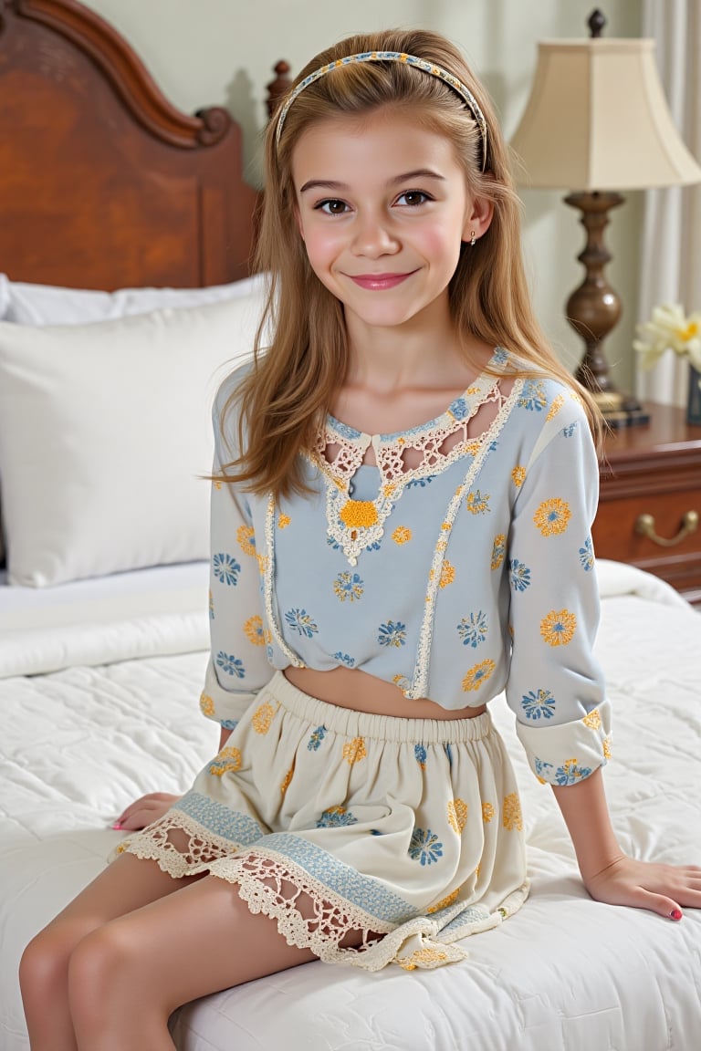 very young girl,  tween sits contentedly on a white bedsheeted bed. She wears Crochet Hollow Out Long Sleeves Skirt & Blou...