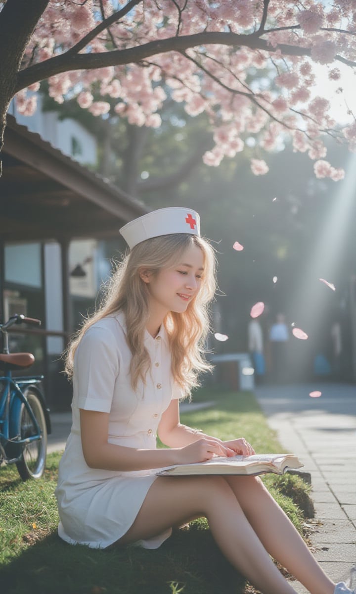 A realistic shot of a young woman with long,  blonde hair with subtle pink highlights,  a gentle smile on her face. She cl...