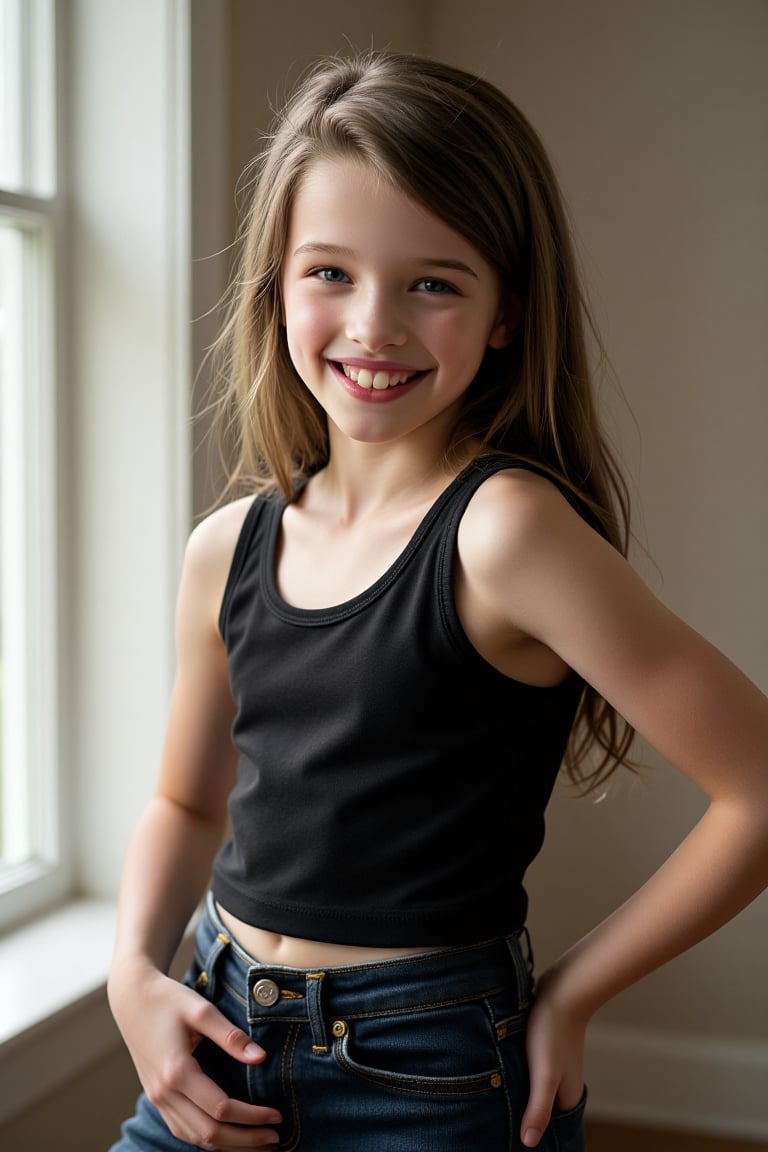 Portrait of a young tween torso and upper body wearing a fitted black cropped tank top and high-waisted dark denim jeans,...