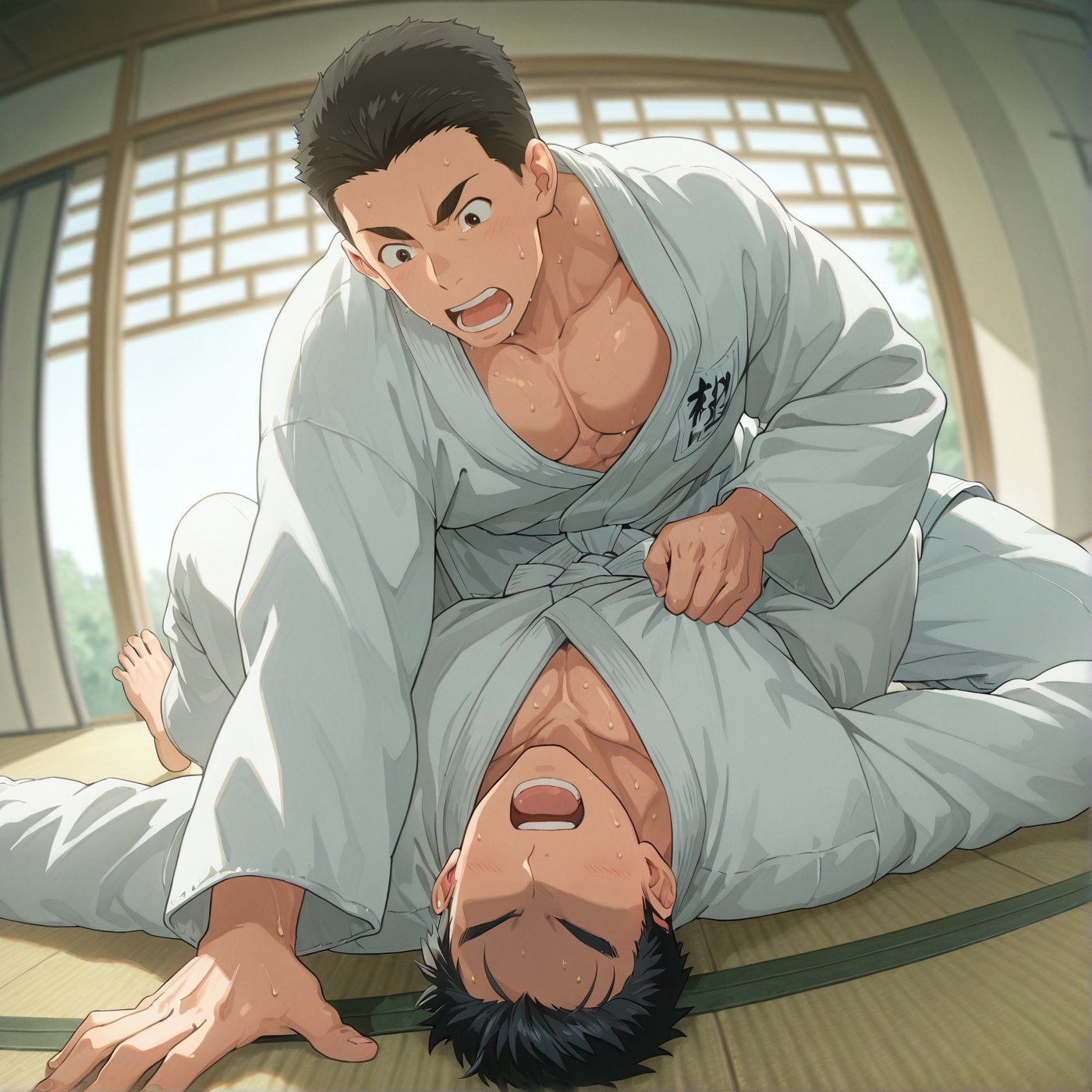 applying a headlock,  while the other character is lying on the floor,  initiating ground techniques by ☺ on Tensor.Art